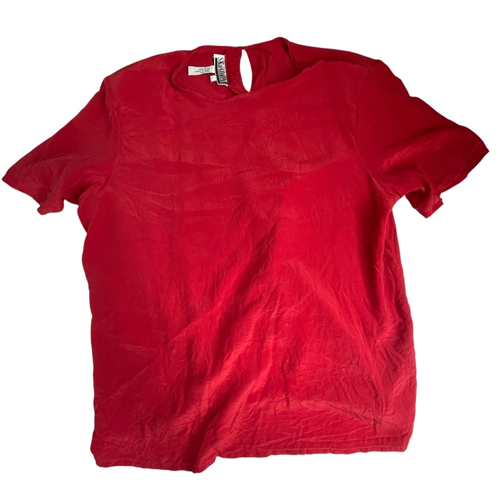 Vintage Womens Red 100% Silk Short Sleeve Blouse‎ Size L Keyhole Back